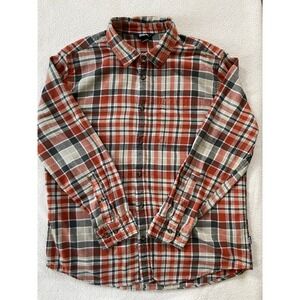 Eddie Bauer Mens XL Button‎ Down Shirt Orange Plaid Long Sleeve Flannel Pocket